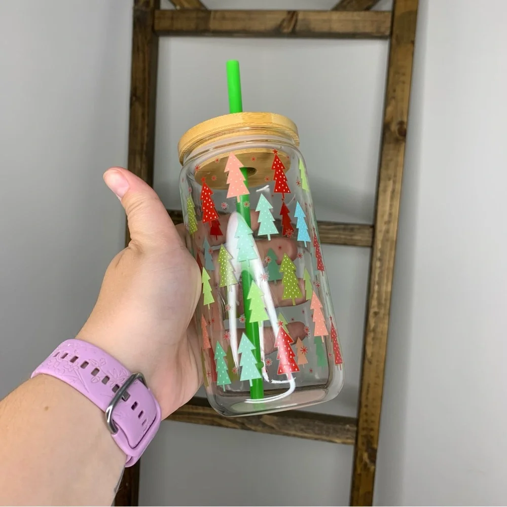 Hobby Lobby Festive Tree Glass Tumbler with Bamboo Lid and Green Straw